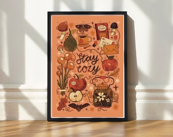 A3 Art Print | Stay Cozy | Hand Lettering Illustration Cute Cottagecore Wall Art