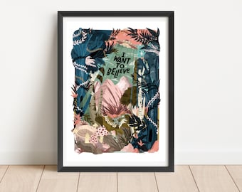 Illustrated X-files Hand Lettered Art Print. I Want to Believe Mulder Scully Unframed Digital Artwork. 90s TV Show Print