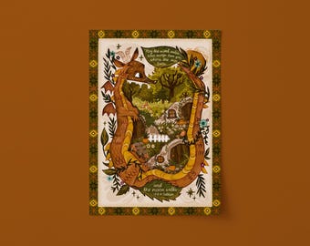 Hand Lettered Illustrated Hobbit Quote. Unframed Whimsical Book Illustration.