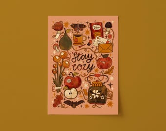 Cottagecore Digital Art Print: 'Stay Cozy' Hand Lettered Illustration A3, Unframed. Cute Fall Autumn Artwork