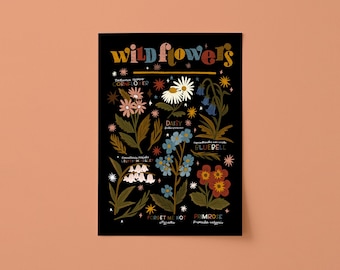 Illustrated and Hand Lettered Wildflower Chart A3 Unframed Art Print: Floral Illustration, UK Wildflowers, Plants, Outdoorsy Gift