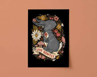 Illustrated Sweet Rabbit A3 Unframed Art Print. Floral Bunny Illustration, 'Live Gently' Banner