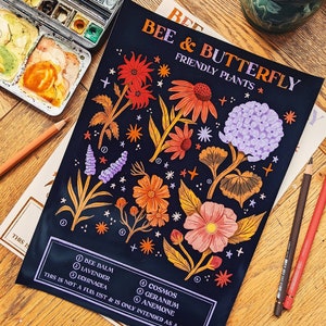 Art Print Bee & Butterfly Plant Chart Hand Lettered Illustration Wall Art by Steph Says Hello image 2