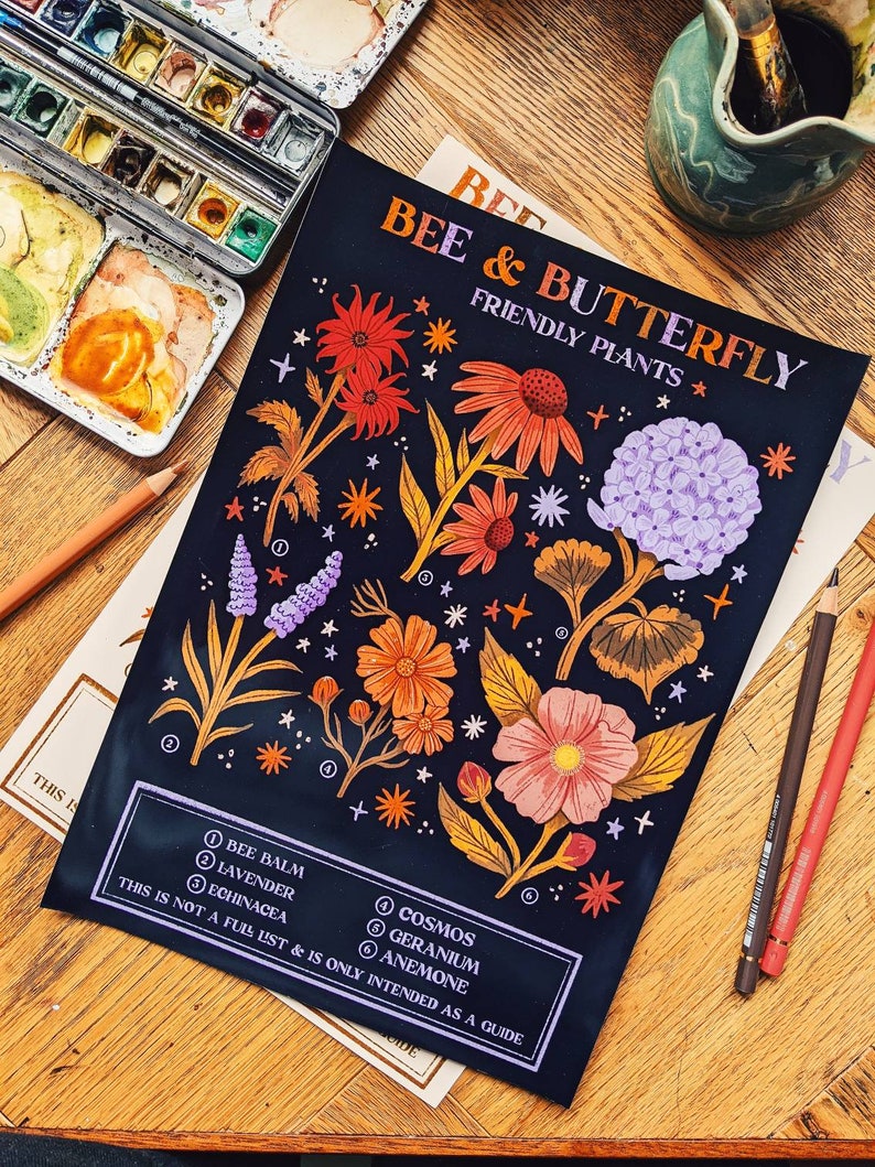 Art Print Bee & Butterfly Plant Chart Hand Lettered Illustration Wall Art by Steph Says Hello image 2