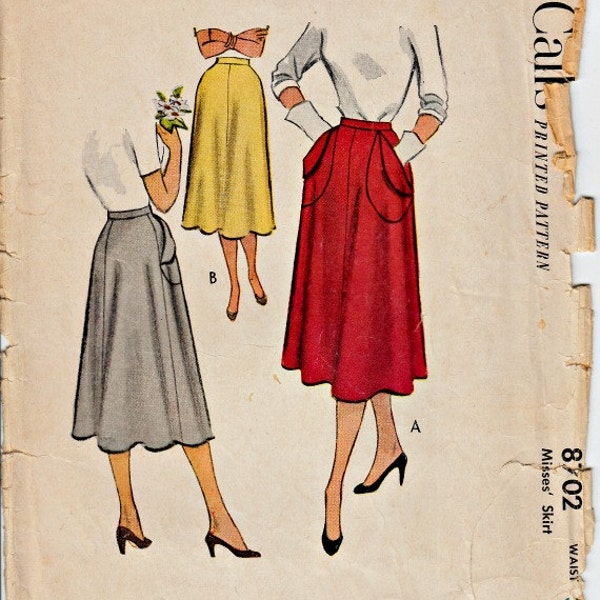 Early 1950's Vintage Skirt Pattern  McCall's 8702  1951 Gored Skirt Pattern with Smile Shaped Hip Pockets  Waist 30