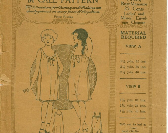 1920s Envelope Chemise MCCALL 2105 COMPLETE Bust 38 to 40 Etsy