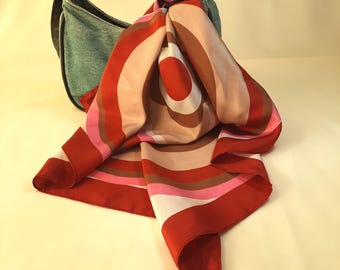 Habotai silk scarf with retro geometric design, limited edition handmade square scarf 65x65cm