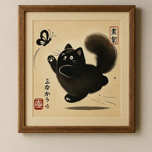 Arte mural de gato negro japonés – Póster imprimible de estilo zen – Ilustración minimalista de gato regordete y mariposa
