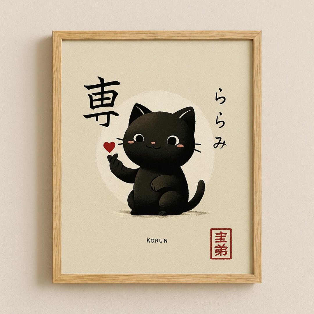 Minimalist Japanese Black Cat Wall Art – Cute Kawaii Finger Heart ...