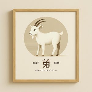 Elegantes Jahr der Ziege Wandkunst - Minimalistisches chinesisches Sternzeichen "Yang" Poster - Japandi Stil zum Ausdrucken."