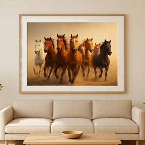 Arte mural de ocho caballos: póster imprimible de Feng Shui. Caballo al galope, símbolo de éxito, prosperidad y poder. Descarga digital. Relación de aspecto 3:2.