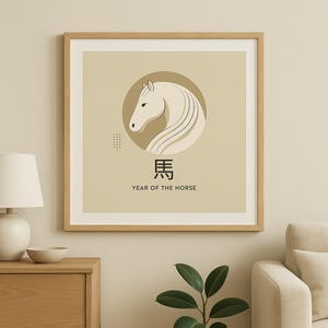 Pferd Sternzeichen Wandkunst - Chinesisches Jahr des Pferdes Printable | Minimalistisches Feng Shui Tier Poster | Sofortiger digitaler Download