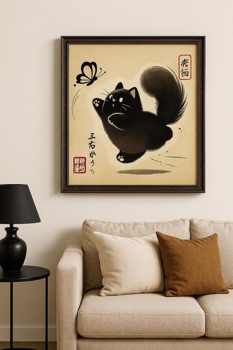 Japanese Black Cat Wall Art – Zen Style Printable Poster – Minimalist ...