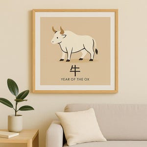 Arte mural del zodíaco del buey: imprimible del año chino del buey / Póster minimalista de animales del Feng Shui / Descarga digital instantánea