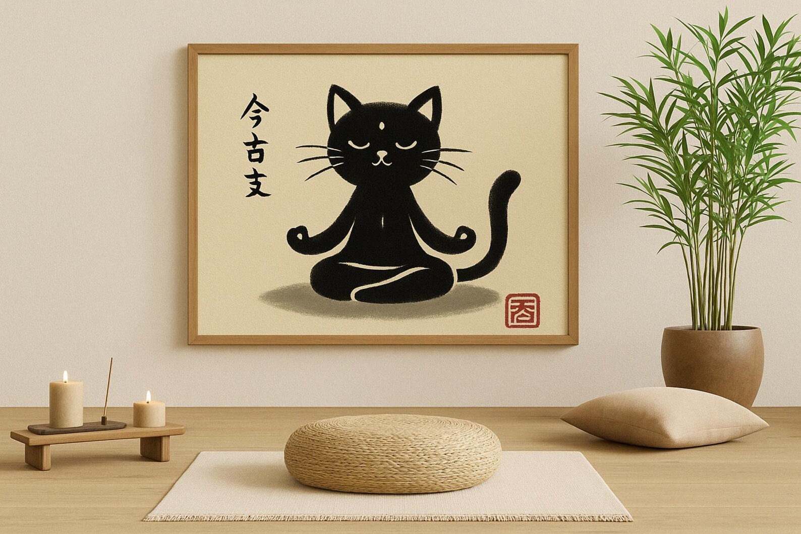 Zen Cat Meditation Wall Art – Minimalist Japanese Style Black Cat ...