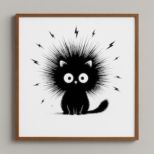 "Minimalistische schwarze Katze Wandkunst - ""Static Surprise"" Lustiges Tier Poster - Zen Humor zum Ausdrucken für Katzenliebhaber."