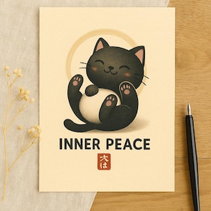 INNERER FRIEDEN - Schwarze Katze Yoga druckbare Wandkunst • Zen Minimalistisches Dekor • Süßes Tierposter im japanischen Stil • Digitaler Download