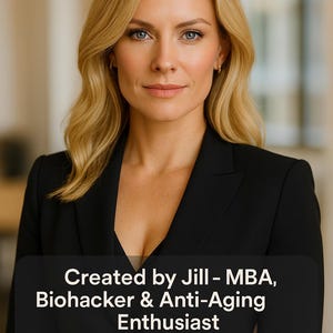 Könnte beinhalten: Eine Frau mit langen blonden Haaren trägt einen schwarzen Blazer. Der Text unter ihr lautet "Erstellt von Jill - MBA, Biohacker & Anti-Aging Enthusiast. Hilft Menschen, Energie, Lebensdauer und Spitzenleistung durch bewusste tägliche Routinen zu optimieren."
