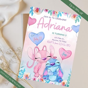 Stitch et invitation d'anniversaire ange jolie fille modifiable Party invite Lilo et Stitch inspiré anniversaire imprimable modèle en téléchargement numérique