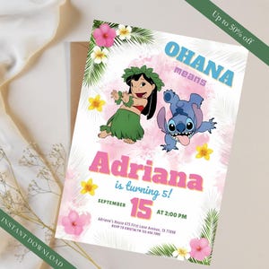 Invitation d'anniversaire de Lilo et Stitch | Invitation fête fille sur le thème hawaïenne | Modèle imprimable modifiable | Anniversaire Luau en téléchargement numérique