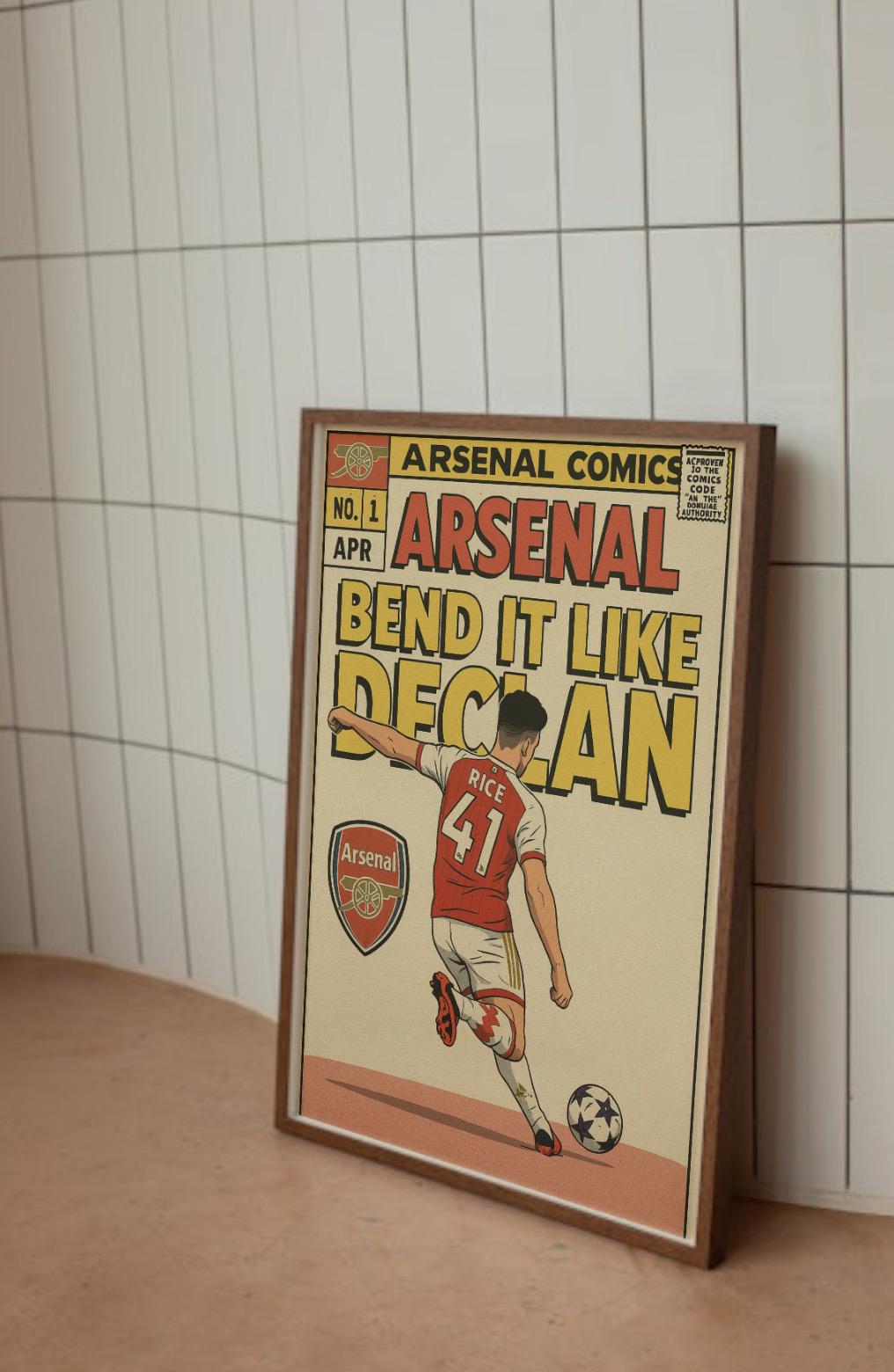 Declan Rice Comic Book Art Print – Comic-Style Football Poster – Arsenal Gift for Gunners Fan (PHYSICAL PRINT VERSION)