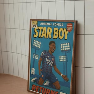 May include: A comic book cover featuring a football player in a blue and purple jersey with the text "Arsenal Comics" and "Star Boy Returns" in a retro style.