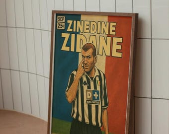 Zinedine Zidane Juventus France Comic Book Print Wall Art Poster - Juventus Retro Zidane. (PHYSICAL DELIVERED OPTION)