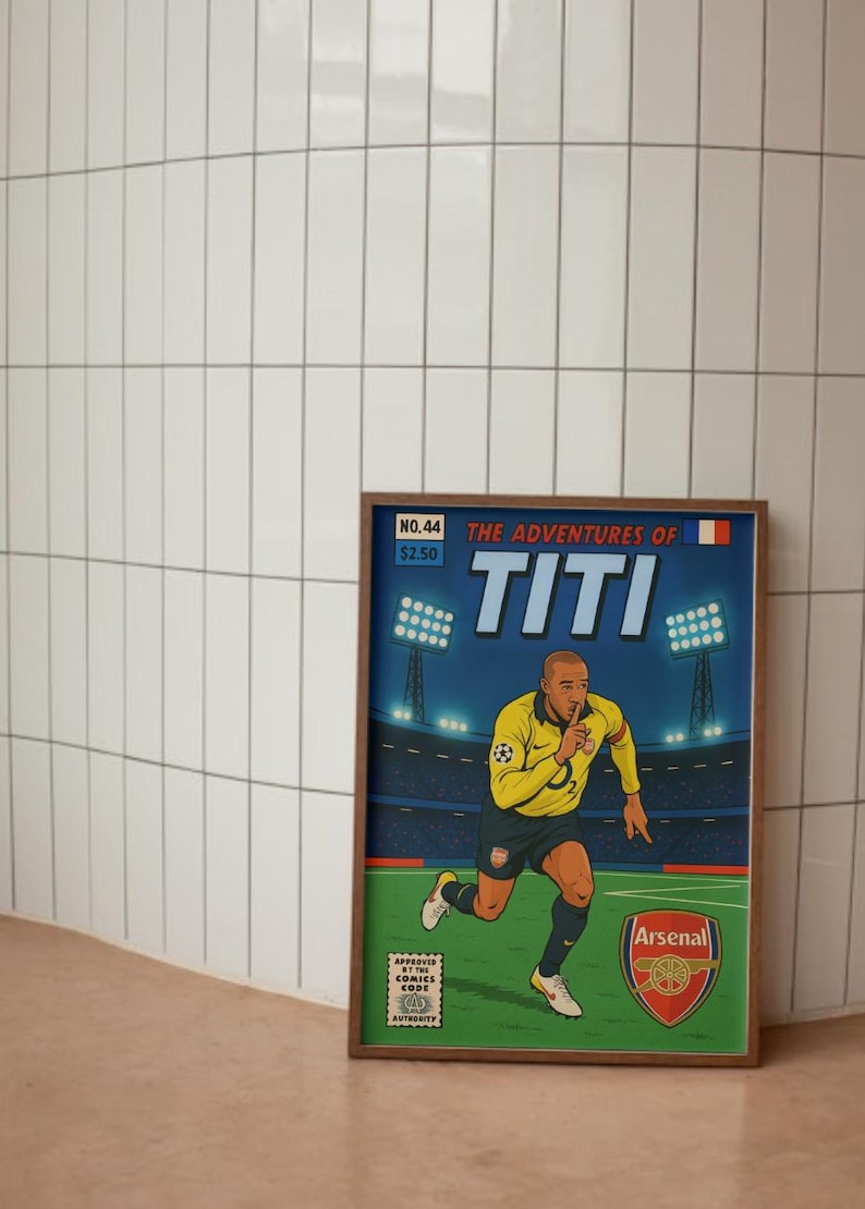 May include: A comic book cover featuring a cartoon illustration of a soccer player in a yellow and blue jersey with the text "The Adventures of Titi" and "Arsenal" on the cover.
