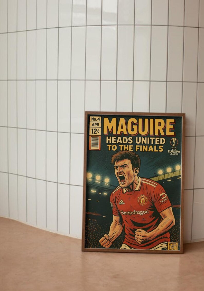 May include: A vintage-style comic book cover featuring Harry Maguire, a soccer player for Manchester United. The cover is titled "Maguire Heads United to the Finals" and features a red and white soccer jersey with the team logo and the text "Snapdragon".