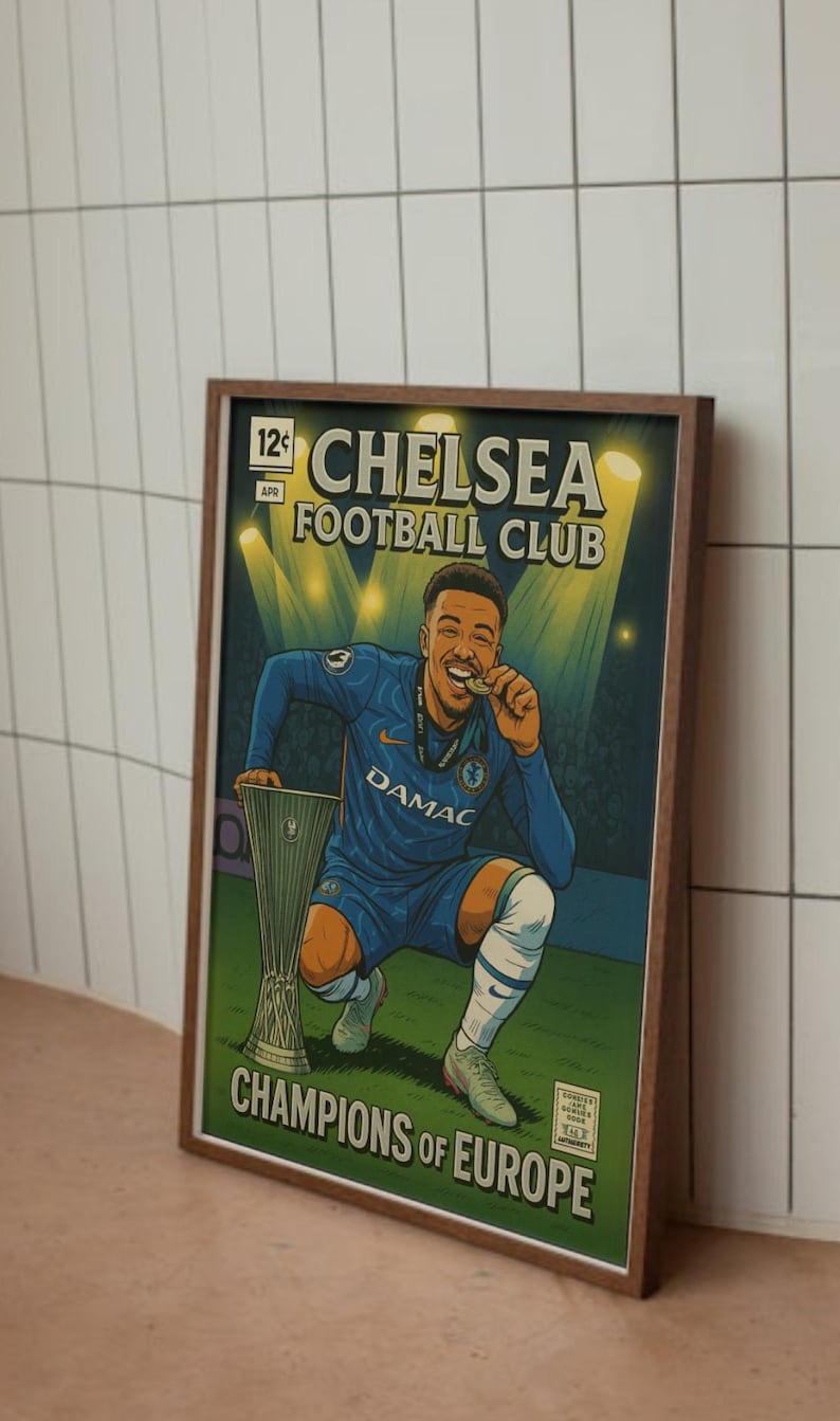 May include: A framed print in a comic book style, depicting a Chelsea Football Club player celebrating a win. The player is in a blue kit, holding a trophy and a medal. The print includes the text "CHELSEA FOOTBALL CLUB" and "CHAMPIONS OF EUROPE."