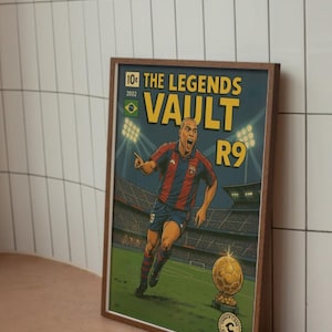 K&ouml;nnte beinhalten: Ein Comic-Cover im Vintage-Stil mit einem Fu&szlig;ballspieler in einem rot-blauen Trikot, der mit dem Ball rennt. Das Cover tr&auml;gt den Titel "The Legends Vault R9" und zeigt eine brasilianische Flagge und das Jahr 2002.