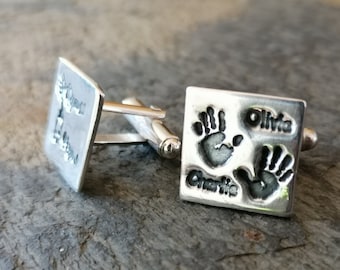Personalised Silver Handprint Cufflinks Custom Engraved Baby Footprint or Pawprint & Name - Father's Day Gift for Dad Grandad Jewellery