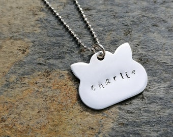 Personalised Silver Cats Head Necklace Pendant or Charm (925 Sterling Silver) Pet's Name Hand Stamped Engraved Pet Memorial Pet Loss