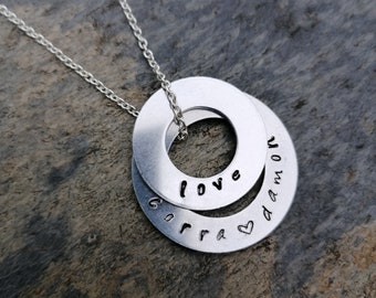 Personalised Double Ring Washer Necklace Pendant Kids Names Love Family Silver Tone Gift for Mum Customised Bespoke Engraved