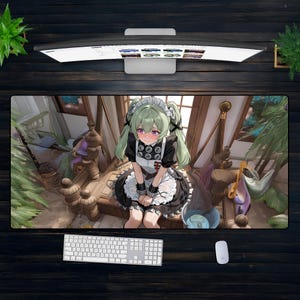 かわいいアニメメイドガールXXLマウスパッド - かわいいパステルデスクマット、シャイなワイフアート、居心地の良いゲームやオフィスのセットアップのための柔らかいオタク装飾