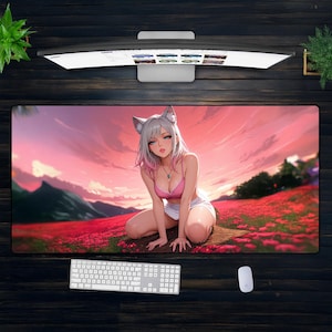 猫娘アニメデスクマット - XXLサイズのかわいいゲーミングマウスパッド、夕日のフィールドアート、かわいい猫娘の装飾、オタクファンへの大きな美しいギフト