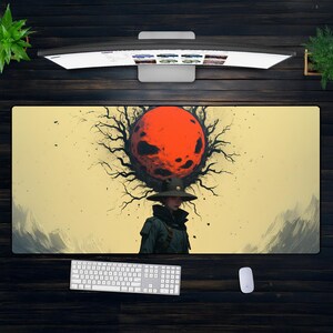 May include: A yellow and red fantasy art design with a person wearing a hat and a cloak standing in front of a large red moon with a tree growing out of it.
