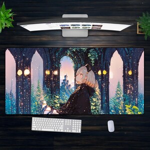 XXLアニメマウスパッドファンタジーガール大聖堂遺跡、ローファイ美的デスクマット、ソフトマジックフォレストゲーミングパッド、居心地の良いかわいいデスクセットアップ装飾