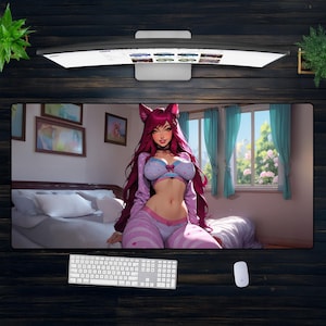 かわいいネコ娘デスクマット XXL - ピンクのアニメゲーミングマウスパッド、Eガールの寝室セットアップ美学、ゲーマー向けのかわいいネコ娘ランジェリーアート