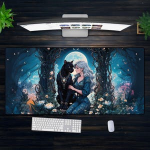 Fantasy Panther Desk Mat – XXL Gaming Mouse Pad with Moonlight Elf Art, Mystical Forest Aesthetic, Large Witchy Desk Setup Decor