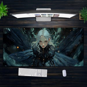Fantasy Elf Girl XXL Desk Mat - Silver Haired Sorceress Mouse Pad, Celestial Magic Art, Large Dark Aesthetic Gaming Desk Decor