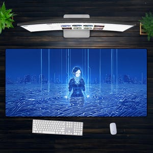 May include: A blue and white anime-style mouse mat featuring a woman standing in a digital water-like environment with a city skyline in the background.