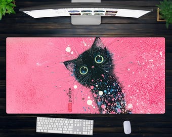 Cute Black Cat XXL Mouse Pad – Oversized Pink Desk Mat with Artistic Splash Design, Kawaii Office Decor, Aesthetic Gaming Setup