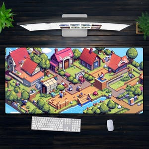 Pixel Art Village Desk Mat – Cozy Gaming Mouse Pad with Retro Farm Life Design | XXL Otaku Mat | Cute Pixel Gamer Setup Decor