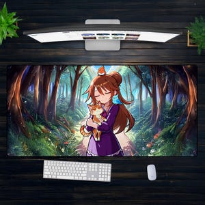 心地よいアニメ猫娘XXLマウスパッド - 特大フォレストコテージコアデスクマット、かわいいペットのハグシーン、健全なゲーマーセットアップ装飾