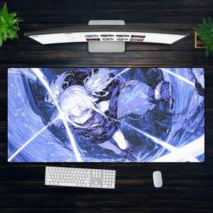 ブルーライトニングアニメマウスパッド - アクションガールXXLデスクマット、クールな美的ゲーミングマット、キーボードセットアップ用のマンガスタイルの大型マウスパッド