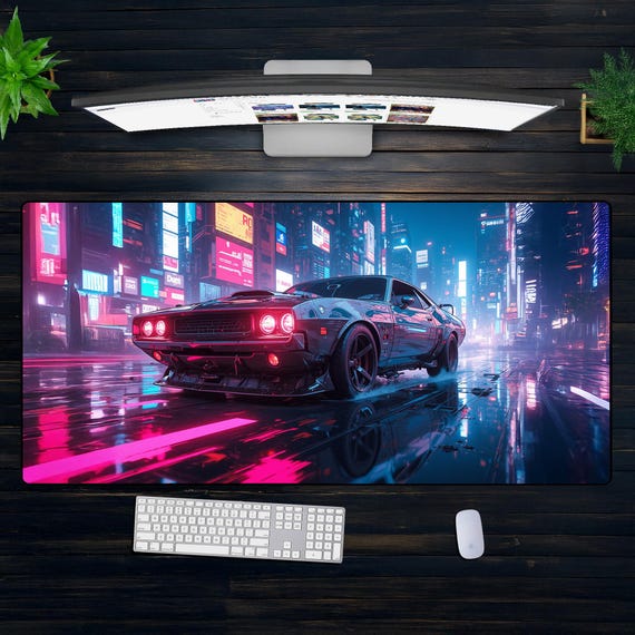Neon Drift Car Desk Mat – XXL Mouse Pad with Cyberpunk Muscle Car, Synthwave Street Racer Art, Vaporwave Gamer Setup Decor