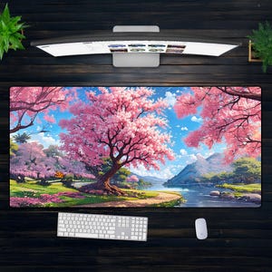 桜柄デスクマット XXL - アニメ春風景マウスパッド、パステル調の桜柄自然装飾、ジブリ風の穏やかなデスクセットアップ