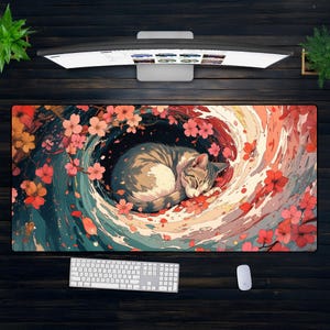 May include: A gray and white cat sleeps in a swirl of pink and white flowers on a dark blue and green background. The cat is curled up in a ball with its eyes closed. The flowers are in bloom and have pink petals. The background is a swirling pattern of blue and green.