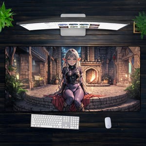 ファンタジーエルフアニメガールXXLマウスパッド - 居心地の良いタバーンゲーミングデスクマット、曲線美のワイフアート、オタクやコレクター向けのかわいいゲーマーセットアップ装飾